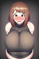 ai_generated big_breasts blush brown_hair hypercummies large_breasts my_hero_academia nai_diffusion ochako_uraraka open_mouth shocked shocked_expression sleeveless sleeveless_dress stable_diffusion wide_hips