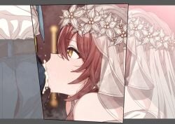 1boy belt_buckle blue_pants blush bridal_veil brown_hair buckle cum cum_in_mouth cum_overflow dress ejaculation erere fellatio female formal idolmaster idolmaster_shiny_colors letterboxed looking_ahead oral osaki_tenka pants producer_(idolmaster) profile saliva shirt solo_focus steam sweatdrop veil wedding_dress white_dress white_shirt yellow_eyes