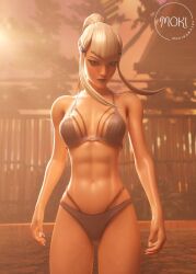 bikini bikini_bottom bikini_top buff fortnite fortnite:_battle_royale hair hair_ornament looking looking_at_viewer mizuki_(fortnite) mokinawa pose posing