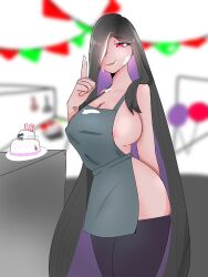 apron black_hair blurred_background breasts cake evelynn_shinsei facebook ibispaint long_hair nipples no_bra no_shirt one_hand_behind_ass pink_eyes sussy tagme thighs