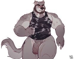 2022 5:4 anthro barazoku beard big_muscles camo camo_print camo_tank_top canid canine canis casual_exposure casual_nudity countershading ear_piercing facial_hair flaccid front_view genitals male male_only mammal muscular muscular_male muscular_thighs pantsless pecs penis piercing portrait pubes ruslorc scar simple_background solo three-quarter_portrait victor_(henuwu) walking white_background wide_hips wolf