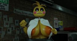 1girls 3d 3d_(artwork) adri164 animatronic big_breasts blush breasts eyebrows eyelashes female female_only five_nights_at_freddy's five_nights_at_freddy's_2 glowing_eyes heart large_breasts looking_at_viewer navel nipples presenting presenting_breasts solo solo_female solo_focus toy_chica_(fnaf) toy_chica_(love_taste) yellow_body yellow_skin