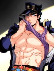 1boy animated black_hair blue_eyes earrings jewelry jojo's_bizarre_adventure jotaro_kujo less_end lifted_by_self male male_nipples male_only muscular_male pectorals shirt_lifted_by_self solo stardust_crusaders tagme video