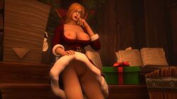 1girls 3d blizzard_entertainment blonde_hair blue_eyes christmas glasses huge_breasts human human_(world_of_warcraft) jessie_darfield kaelatheelf light-skinned_female light_skin looking_at_viewer mage_(warcraft) original_character pussy solo warcraft winter_veil world_of_warcraft