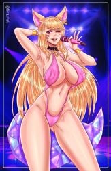 9_tails ahri alternate_costume animal_ears animal_girl big_breasts bikini blonde_female blonde_hair cleavage curvy curvy_body curvy_female curvy_figure eyeliner fluffy fluffy_ears fox fox_ears fox_girl fox_tail happy huge_breasts idol k/da_ahri k/da_series kemonomimi kitsune league_of_legends micro_bikini nine_tailed_fox niramoli popstar singer sling_bikini slingshot slingshot_swimsuit stage thick thick_ass thick_thighs vastaya wide_hips