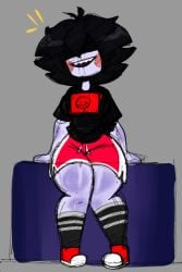 black_hair black_shirt booty_shorts hair_covering_eyes lazycumlol red_shoes red_shorts sharp_teeth short_hair socks tagme terry_(lazypunkarts) thick thick_thighs thighs