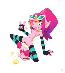 armwear cup exposed_torso female legs_apart legs_spread legwear missy_kix moshi_monsters n_sktch nail_polish partially_clothed peace_sign peeing peeing_in_cup pink_hair pink_skin ponytail stirrup_legwear sunglasses_on_head tongue_out watersports