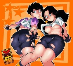 1girls ass big_ass big_breasts big_butt black_hair blue_eyes dragon_ball dragon_ball_z eyebrows eyelashes fat_ass female female_only large_ass large_breasts light-skinned_female light_skin looking_at_viewer navel nipples pink_nipples ponytails ripped_clothing ripped_pants short_hair shorts thick_thighs threesome upshirt videl wide_hips x1ntage