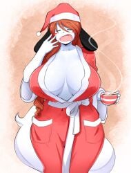 2017 anthro beverage big_breasts breasts brown_hair canid canine canis christmas cleavage closed_eyes clothed clothing coffee container cup curvy_figure domestic_dog female fur hair hi_res holidays holly_applebee huge_breasts mammal mature_anthro mature_female open_mouth solo theycallhimcake thick_thighs voluptuous white_body white_fur wide_hips yawn