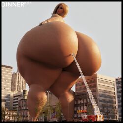 1:1 2023 3d ass ass_bigger_than_head big_ass blonde_hair digital_media_(artwork) dinner-kun female firetruck giantess hi_res high_resolution highres huge_ass hyper hyper_ass ladder looking_back public selina_petoit short_hair thick_thighs truck vehicle watermark