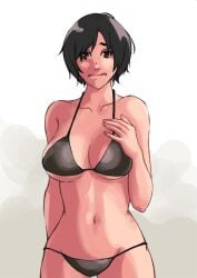 big_breasts bikini black_hair clothed looking_at_viewer original_character portrait short_hair simple_background solo solo_female swimsuit tomboy tomoshiki