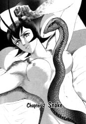 big_breasts black_and_white breasts cover_page demon demon_girl demoness devilman devilman_lady exposed_breasts go_nagai hairy jun_fudo looking_at_viewer lying_on_bed manga sexually_suggestive snake succubus