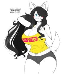 2020 2020s 5_fingers anthro arm_behind_head band_logo band_shirt big_breasts black_bottomwear black_clothing black_hair black_shorts blue_eyes blush blush_stickers bottomwear breasts bro_talk canid canine canis chest_tuft cleavage clothed clothing dialogue domestic_dog ear_piercing ear_ring english_text female fingers grey_bottomwear hair hair_over_eye hi_res huge_breasts inner_ear_fluff logo logo_on_clothes logo_on_topwear long_hair looking_at_viewer love maggie_applebee mammal one_eye_obstructed piercing pointy_ears ring_piercing seductive sex_pistols_(band) shirt short_shorts shorts simple_background smile solo solo_female talking_to_viewer tank_top teenage_girl teenager text text_on_clothing text_on_shirt text_on_topwear theycallhimcake tomboy topwear tuft white_background yellow_clothing yellow_shirt yellow_tank_top yellow_topwear