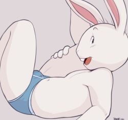 2023 anthro arthur_(series) bent_legs blue_clothing blue_underwear buckteeth bulge buster_baxter clothed clothing dandi happy holding_leg holding_own_thigh holding_thigh lagomorph leporid looking_at_viewer lying male mammal navel on_back open_mouth rabbit raised_leg simple_background solo spread_legs spreading teeth tongue underwear underwear_only white_background