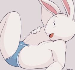 2023 anthro arthur_(series) bent_legs blue_clothing blue_underwear buckteeth bulge buster_baxter clothed clothing cub dandi happy holding_leg holding_own_thigh holding_thigh lagomorph leporid looking_at_viewer lying male mammal navel on_back open_mouth rabbit raised_leg simple_background solo spread_legs spreading teeth tongue underwear underwear_only white_background young