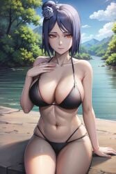 ai_generated bikini blue_hair blush cleavage closed_mouth curvaceous curvy curvy_body curvy_female curvy_figure embarrassed flower flower_in_hair hair_ornament ichigatsu konan mature mature_female nai_diffusion naruto naruto_(series) naruto_shippuden nature orange_eyes outdoors pinup pose posing posing_for_the_viewer river sitting stable_diffusion swimsuit voluptuous water