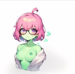 1girls ai_generated ai_mirror breasts glasses green_skin pink_hair purple_eyes roblox roblox_game scientist_(tower_heroes) showing_breasts shy tagme tower_heroes