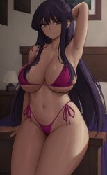 1girls alternate_breast_size arm_behind_head armpits bed bedroom belly_button bikini black_hair breasts cleavage collarbone female female_only framed_picture hips huge_breasts inside komi-san_wa_komyushou_desu komi_shouko lamp light-skinned_female light_skin long_hair navel pink_bikini purple_eyes purple_hair shiny_skin solo solo_female solo_focus swimsuit thick_thighs thighs voluptuous wide_hips zaphn