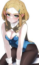 1girls alternate_version_available blonde_hair blush breath_of_the_wild bunnysuit cape cleavage female female_only green_eyes hi_res high_resolution highres hizake kashu_(hizake) latex leotard pantyhose plain_background pointy_ears princess_zelda short_hair simple_background sweat tears_of_the_kingdom the_legend_of_zelda wrist_cuffs zelda_(tears_of_the_kingdom)