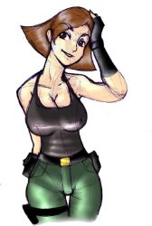 bare_arms big_breasts breasts brown_eyes brown_hair cleavage clothing curvy_female female fingerless_gloves fully_clothed gloved hand_on_head head_tilt hips large_breasts medium_hair meryl_silverburgh metal_gear_solid pants sfw short_hair smile smiling solo solo_female tagme tank_top white_background