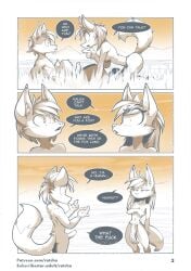 2023 absurd_res anthro bottomwear breasts canid canine clothed clothing comic comic_page dialogue digital_media_(artwork) duo english_text erection female fox fur genitals hair hi_res loincloth male mammal nude page_2 page_number penis ratcha text