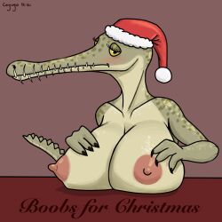 1:1 2021 4_fingers absurd_res anthro areola bald big_breasts big_nipples blush breast_rest breasts breasts_on_table cayugo christmas christmas_clothing christmas_headwear claws cleavage clothed clothing collarbone countershade_torso countershading crocodilian digital_media_(artwork) erect_nipples eyelashes eyes_half_closed female fingers gharial glistening glistening_body glistening_scales green_body green_scales hand_on_breast hat headgear headwear hi_res holidays huge_breasts long_snout long_tail looking_at_viewer multicolored_body nails nipples non-mammal_breasts nude pink_areola pink_nipples raised_tail red_hat red_headwear reptile santa_hat scales scalie sharp_nails sharp_teeth simple_background snout solo tail tan_body tan_breasts tan_scales teeth text two_tone_body yellow_sclera