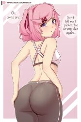 ass ass_focus back_view bare_arms bare_back big_ass big_butt blush bubble_butt butt_focus butt_grab clothing concerned doki_doki_literature_club embarrassed excercise female female_focus female_only grabbing_own_ass gym_clothes leggings looking_over_shoulder natsuki_(doki_doki_literature_club) pink_eyes pink_hair raionart skin_tight small_breasts solo solo_female sports_bra sportswear thick_ass thick_thighs thighs tight_clothing video_game video_game_character video_games wide_hips wide_thighs