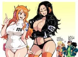 2boys 2girls big_breasts black_hair blue_eyes female large_breasts lewdamone male nami nico_robin one_piece orange_hair post-timeskip text