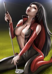 2022 artist_name bandai_namco bandai_namco_pictures bare_shoulders birdie_wing:_golf_girls'_story black_hair breasts cleavage earrings fangs female golf_club grass highres holding holding_golf_club jewelry kneeling large_breasts looking_at_viewer multicolored_hair nail_polish navel necklace no_bra outdoors red_eyes red_hair red_nails solo spj spj_(artist) tongue tongue_out unzipped vipère