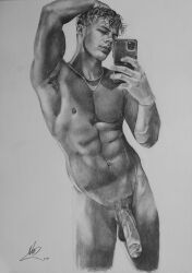 1boy abs armpit biceps big_cock big_penis black_and_white boner caucasian caucasian_male cellphone erect_penis erection hand_on_head hard_on huge_cock male male_nude_neil male_only muscles muscular muscular_male onlyfans_model peachy_boy pecs real_person selfie sketch smooth_chest smooth_skin solo solo_male tanlines uncolored uncut veiny_penis