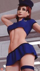 1girls 3d abs athletic_female belly commander_shepard cop_outfit darkbahamuth female female_only femshep freckles green_eyes human mass_effect microskirt pantyshot pantyshot_(standing) pinup police police_uniform red_hair skirt solo