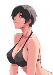 big_breasts bikini black_hair clothed looking_at_viewer original_character portrait short_hair simple_background solo solo_female swimsuit tomboy tomoshiki