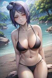 ai_generated bikini blue_hair blush cleavage closed_mouth curvaceous curvy curvy_body curvy_female curvy_figure embarrassed flower flower_in_hair hair_ornament ichigatsu konan mature mature_female nai_diffusion naruto naruto_(series) naruto_shippuden nature orange_eyes outdoors pinup pose posing posing_for_the_viewer river sitting stable_diffusion swimsuit voluptuous water