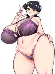 1girls alternate_version_available bellupup black_eyes blush bottomwear bra breasts bursting_breasts clothing curvy female female_only hair hand_on_hip huge_breasts komi-san_wa_komyushou_desu komi_shuuko lace lace-trimmed_bra lace-trimmed_panties lace_trim legs_together lingerie looking_at_viewer matching_underwear mature mature_female mature_woman milf mother overflowing_breasts panties peace_sign purple_bra purple_hair purple_panties short_hair smile solo solo_female thick_thighs topwear underwear voluptuous wide_hips