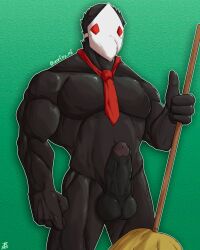 balls bara big_penis black_body broom deltarune male male_only mask muscles muscular necktie nude penis solo solo_male swatchling zartzy