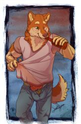 akita akita_inu anthro big_penis bottle bottomwear brown_body brown_fur brown_nose bulge canid canine canis claws clothed clothing container denim denim_clothing domestic_dog erection erection_under_clothing fur genitals green_eyes huge_cock hyper hyper_genitalia jeans male mammal mason_(suck_mcjones) one_eye_closed pants penis shirt solo spitz suck_mcjones t-shirt tail topwear underwear wink