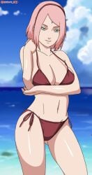 1girls bikini boruto:_naruto_next_generations breasts cleavage darkuro_27 facial_mark female female_only forehead_mark hairband looking_at_viewer mature mature_female midriff milf naruto naruto_(series) sakura_haruno shoulder_length_hair smile solo solo_focus swimsuit upper_body