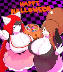 2017 :3 anthro beehive_(hairstyle) big_breasts black_body black_fur blush breasts brown_hair candy canid canine canis cleavage clothed clothing daughter dessert domestic_dog dress duo female food fur hair halloween hi_res holidays holly_applebee huge_breasts maggie_applebee mammal mature_anthro mature_female mother parent theycallhimcake white_body white_fur