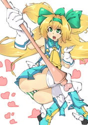 artist_request bell blazblue blonde_hair boots bowtie gloves green_eyes heart-shaped_pupils hearts legwear long_hair panties platinum_the_trinity striped_panties tagme thick_thighs white_background