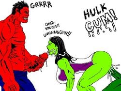 1boy 1girls big_breasts black_hair bruce_banner color cum cum_inside cum_on_face female green_skin hulk hulk_(series) incest jerking leotard male male/female marvel marvel_comics mmf_threesome muscles muscular muscular_male offscreen_character penis red_hulk red_skin rulk she-hulk straight threesome toned_female unknown_artist veiny_penis white_background