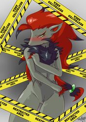 anthro blush color female female_only front_view fur furry green_eyes grey_fur hair long_hair nintendo nude pokemon pokemon_(species) red_hair skykain solo standing tagme vulva zoroark