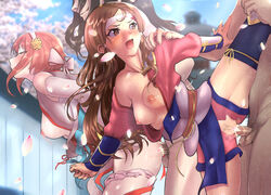 2boys 2girls blush bracer breasts brown_eyes brown_hair cherry_blossoms cowboy_shot cum cum_in_pussy doggy_style dress faceless faceless_male fire_emblem fire_emblem_fates group_sex hairband hana_(fire_emblem) headband highres iago_(fire_emblem) japanese_clothes kilesha kimono kirewisha long_hair looking_at_another looking_back medium_breasts multiple_boys multiple_girls nintendo nipples obi open_mouth panties panties_around_leg pelvic_curtain penis petals pink_hair pubic_hair sakura_(fire_emblem) sash sex short_hair spread_legs thighhighs torn_clothes underwear vaginal_penetration