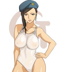 1girls beret bikini black_hair breasts brown_eyes busty cleavage deadman_wonderland hoop_earrings makina_(deadman_wonderland) nipples prison_guard solo tenchisouha voluptuous