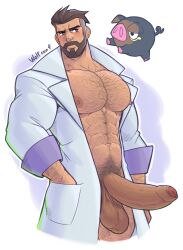 1boy balls bara big_balls big_penis boner erect_penis erection hairy hard_on huge_balls huge_cock lechonk male male_only muscles muscular muscular_male open_coat pokemon pokemon_sv professor_turo solo solo_male thick_penis uncut veiny_penis wolf_con_f