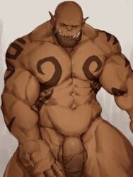 1boy 2018 abs balls biceps big_muscles dark-skinned_male dark_skin digital_media_(artwork) fangs flaccid garrosh_hellscream hi_res humanoid humanoid_penis male male_only monochrome muscular muscular_male nude orc orc_male pecs penis piercing ryker shaded sharp_teeth simple_background solo solo_male standing stocky teeth vein veiny_penis video_games warcraft