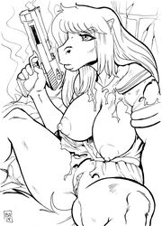 2019 anna_(sailoranna) anthro big_breasts breasts clitoris clothing equid equine female genitals gun hair hi_res horse mammal max_blackrabbit monochrome nipples pussy ranged_weapon solo spread_legs spreading torn_clothing weapon