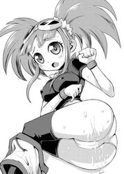 artist_request ass blush breasts cameltoe clothing cum cum_on_ass cum_on_body cum_on_lower_body dinosaur_king erect_nipples erect_nipples_under_clothes goggles goggles_on_head impossible_shirt large_breasts lowres lying monochrome open_mouth panties sega shorts stockings thighhighs tied_hair tight_shirt twintails zoe_drake zootan