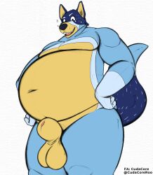 animal_genitalia balls bandit_heeler belly belly_inflation bloated bluey_(series) cudacore genitals hi_res inflation innie male mature_male navel pinup pose sheath slightly_chubby