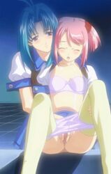 2girls animated blue_hair blush bra closed_eyes female fingering fingering_partner flat_chest incest lingerie long_hair multiple_girls nikutai_ten'i open_clothes open_shirt panties panty_pull pink_hair pussy school_uniform screencap short_hair siblings sister sisters small_breasts spread_pussy stitched thighhighs uncensored underwear yuri