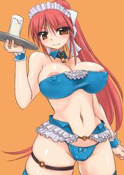 areola_slip blush breasts brown_eyes cameltoe collar erect_nipples erza_scarlet fairy_tail female frills long_hair looking_at_viewer maid_headdress ponytail red_hair smile solo tied_hair tokihama_jirou tray waitress